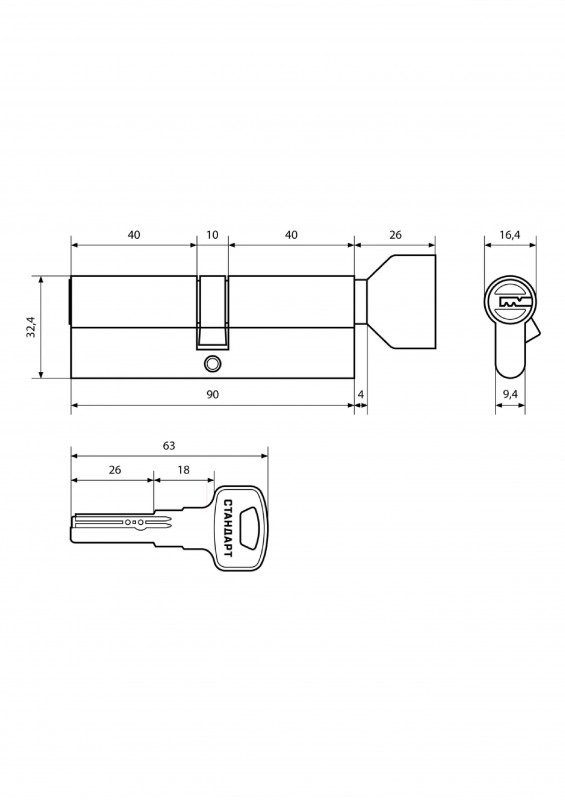 Механизм цилиндровый Z.F.90В-5K SN 40х10х40 кл/кл Стандарт
